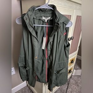 Army green vest with zip on/ off hood